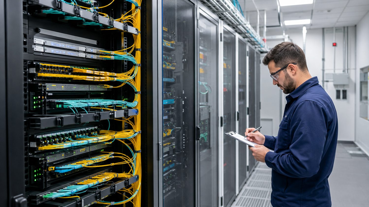 Rack e cablaggio ordinato in infrastruttura professionale